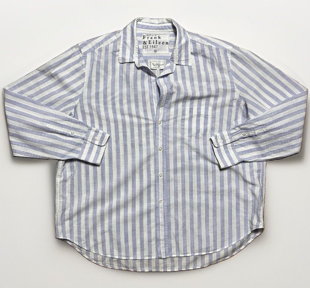 Frank & Eileen Blue White Striped Cotton Button Up Shirt Medium Woven in Italy